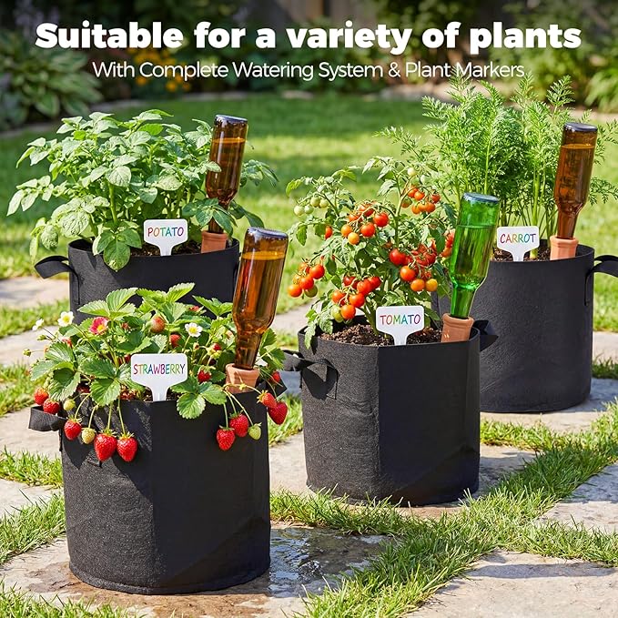 5-Pack 5 Gallon Grow Bags for Potato Tomatoes Vegetables, 5 Pack Terracotta Plant Self-Watering Stakes Spike for Outdoor Indoor Plants, 300g Heavy Duty Thickened Nonwoven Fabric Cloth Pot Planting Bag