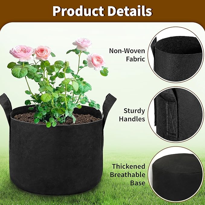 12 Pack 5 Gallon Grow Bags, Heavy Duty 300g Nonwoven Fabric Plant Pots with Reinforced Handles, Breathable Tomato Potato Vegetable Grow Bags for Garden & Patio - Black