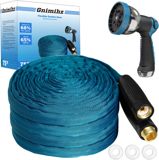 Garden Hose 75ft, Made of TPE(Not PVC), Ultra-Light & Flexible Water Hose with Solid Brass Fittings, Non-Shrinking, Easy to Storage, Drinking Water Safe Material, All-weather, SeaBlue
