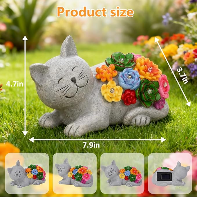 Solar Cat Garden Statues with Succulent and 6 LED Lights, Birthday Gifts for Women Mom Men, Outdoor Garden Decor for Cat Lover, Yard Decor Art Lawn Patio Balcony