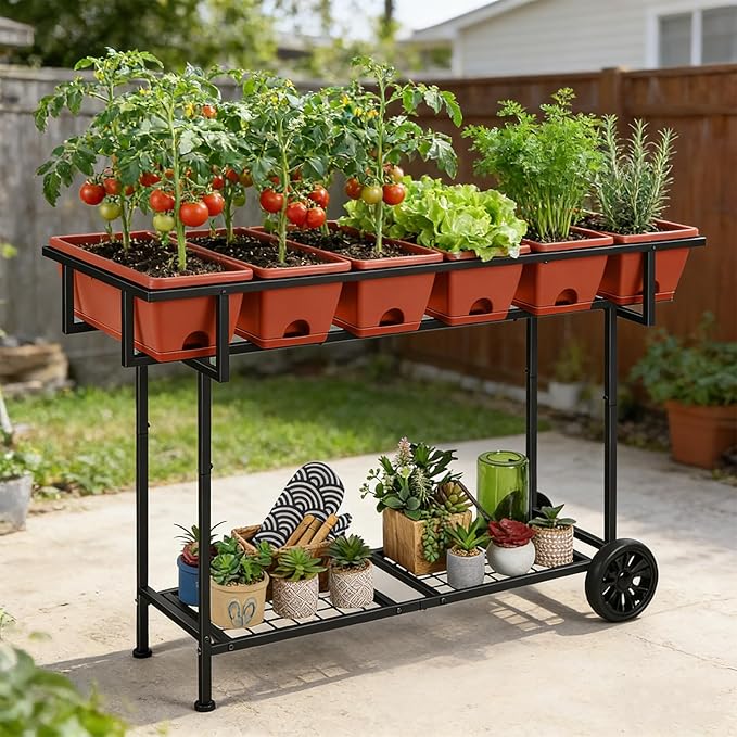 Vrisa Elevated Raised Garden Bed Outdoor with Legs 43x17x29 in Plastic Standing Planter Box with Storage Shelf and Wheels Vegetables Herbs Flowers Gardening Boxes for Backyard, Patio, Balcony, Black