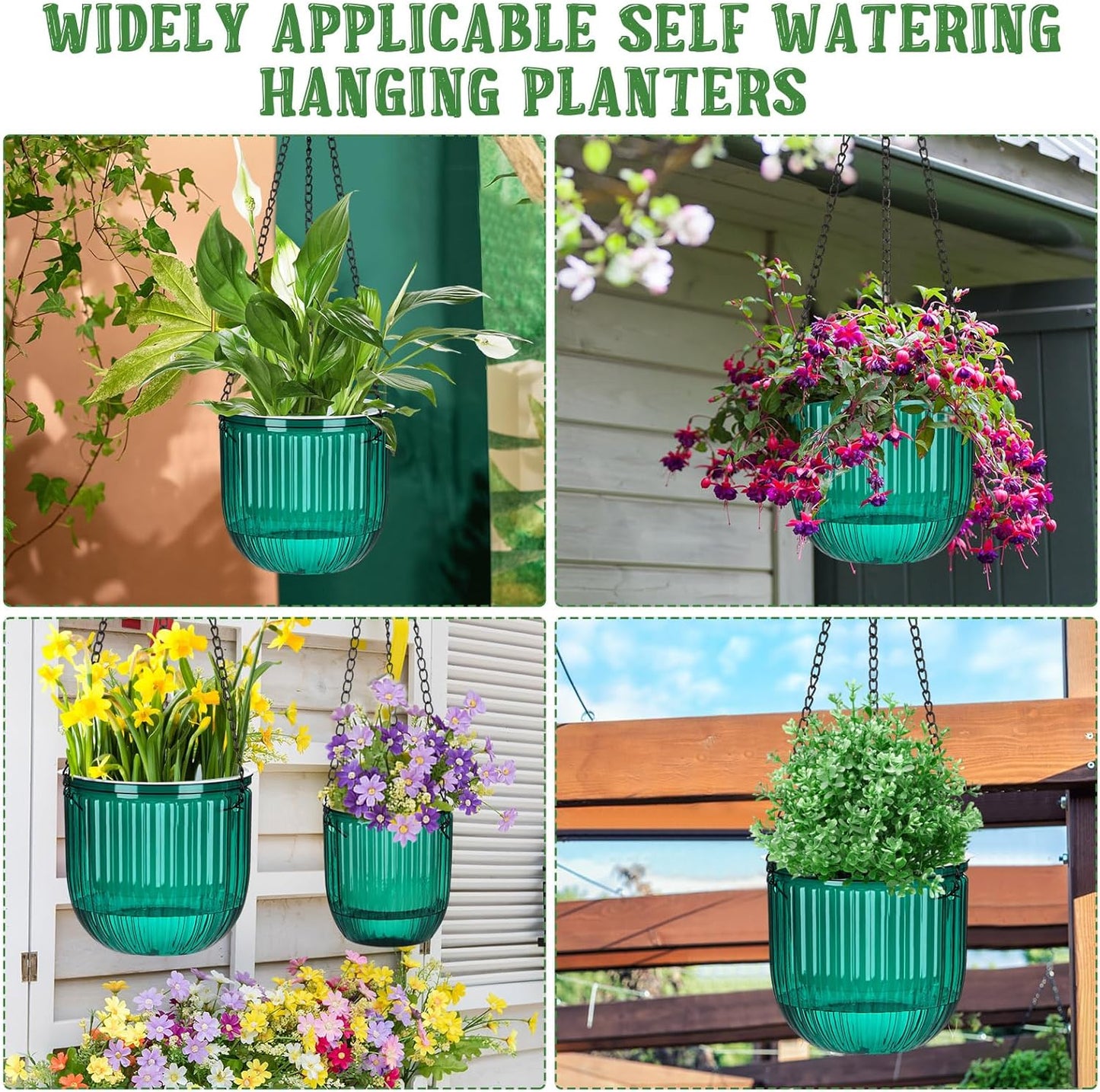 Maxcheck 4 Pcs Self Watering Hanging Planters Indoor Gift 6.5'' 4.5'' Hanging Flower Pots Baskets Outdoor Self Watering Plant with 3hooks Drainage Holes for Home(Emerald)