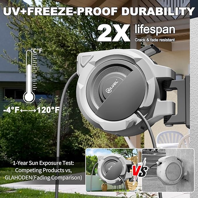 Retractable Garden Hose Reel, 1/2" x 150FT Heavy Duty Auto Hose Reel Wall Mounted, Upgraded UV Resistant with 10 Pattern Nozzle, Any Length Lock & Slow Return System,180°Swivel Bracket,Light Grey