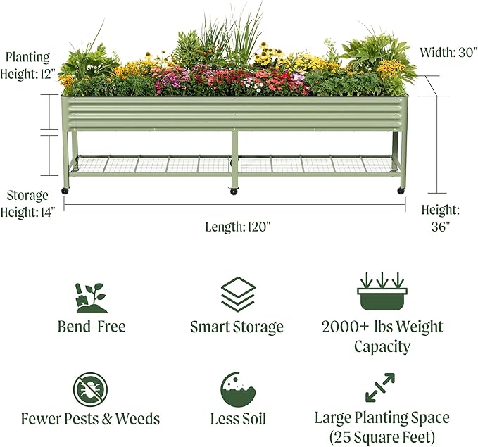 Rolling Elevated Raised Garden Bed - Jumbo Series, 2.5' x 10' Outdoor Planters Boxes with Legs & Storage Rack for Patio, 2000+ Lbs Weight Capacity, Raised Beds for Gardening Herbs Flowers, Pearl White
