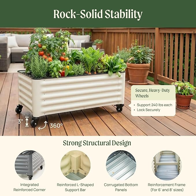 Vego garden Classic Rolling Garden Bed – 1.75' Mobile Metal Raised Garden Bed for Patio, Deck, Balcony – Deep Planting Space, Durable & Easy to Move (Pearl White, 1.75'X4')