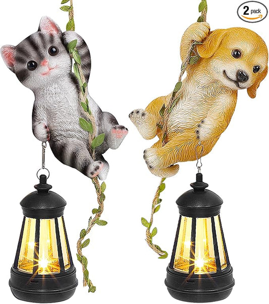 Set of 2 Solar Hanging Statue, Outdoor Resin Black White Cat & Golden Retriever Dog Figurine with LED Lights, Animal Ornament for Garden, Fence, Porch, Patio, Yard Decor