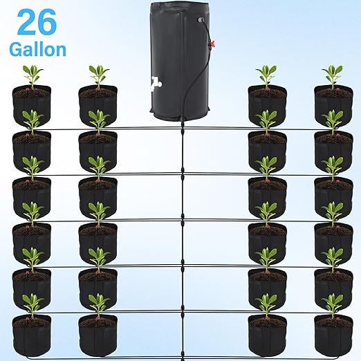 Auto Drip Irrigation System Kits, with 26 Gallon Bucket, 25W Water Pump, 24 Drip Emitters, 24 Planting Bags for Indoor and Outdoor Automatic Watering System for Grow Tent, Greenhouse, Lawn