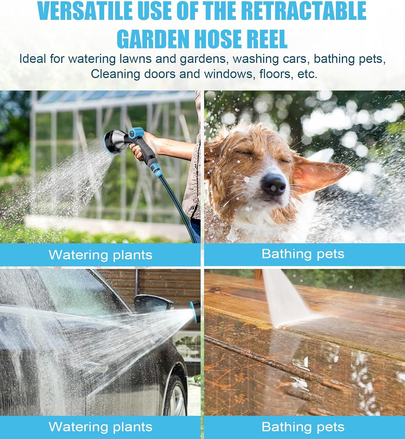 Retractable Garden Hose Reel, 65FT Portable Garden Hose with Reel, Hose Reel Wall Mount with 9-Pattern Nozzle, Automatic Rewind System, 180° Swivel Bracket, Any Length Lock (65FT)