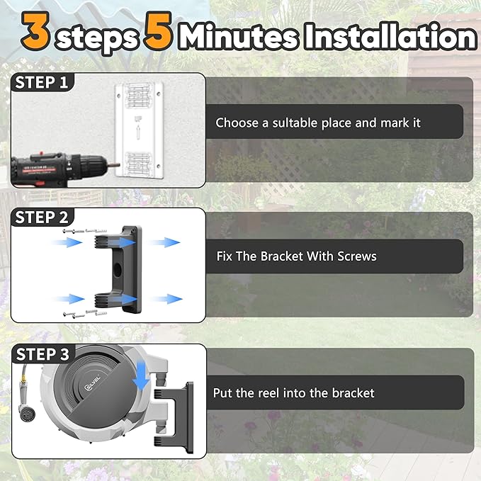 Retractable Garden Hose Reel, 1/2" x 150FT Heavy Duty Auto Hose Reel Wall Mounted, Upgraded UV Resistant with 10 Pattern Nozzle, Any Length Lock & Slow Return System,180°Swivel Bracket,Light Grey