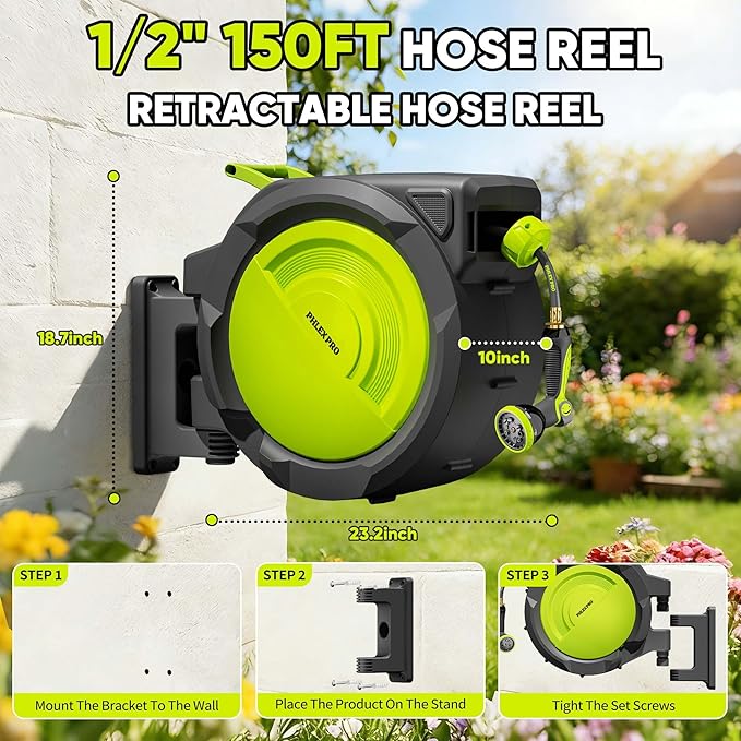 160 FT x 1/2" Retractable Garden Hose Reel - Phlexpro Heavy Duty Automatic Wall Mount Hose Reel with 3/4in Brass Fitting,10 Pattern Nozzle, Any Length Lock Slow Retraction 180° Swivel