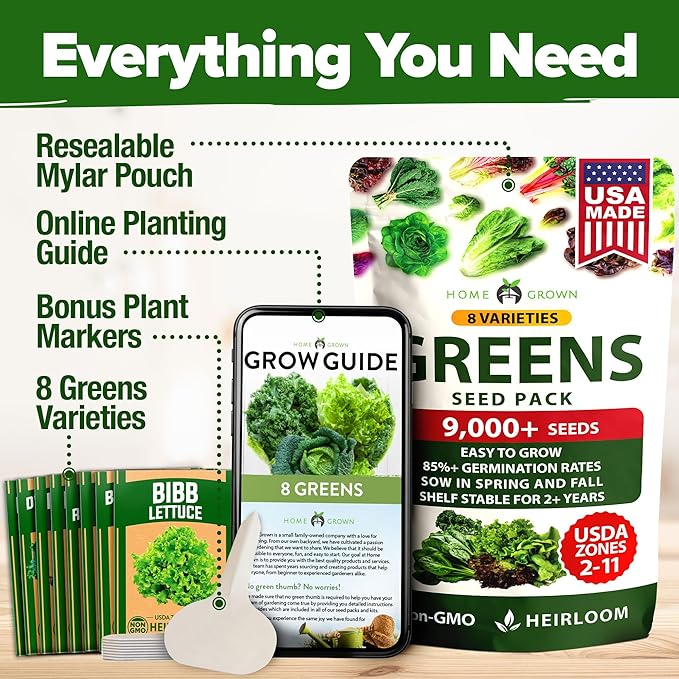 HOME GROWN Lettuce Seeds for Planting - 8 Varieties Non-GMO Heirloom Salad Greens Seeds - 9000+ USA-Sourced Vegetable Seeds for Planting Outdoors, Indoors, Hydroponic Garden
