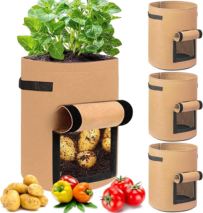 JJGoo 4 Pack Potato Grow Bags 10 Gallon with Flap, Heavy Duty Fabric Grow Bags with Handle and Harvest Window, Non-Woven Planter Pot Plant Garden Bags to Grow Vegetables Potato Tomato, Brown