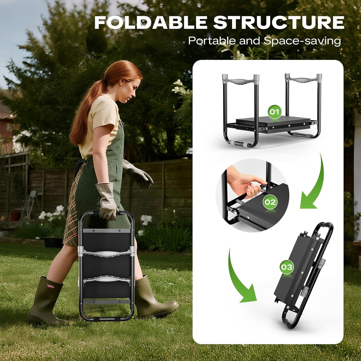 Garden Kneeler and Seat, Foldable Ergonomic Kneeling Bench with Tool Pouch 400 Lbs Heavy Duty 2-in-1 Comfortable Cushioned Kneeling Chair for Gardening Yard Work