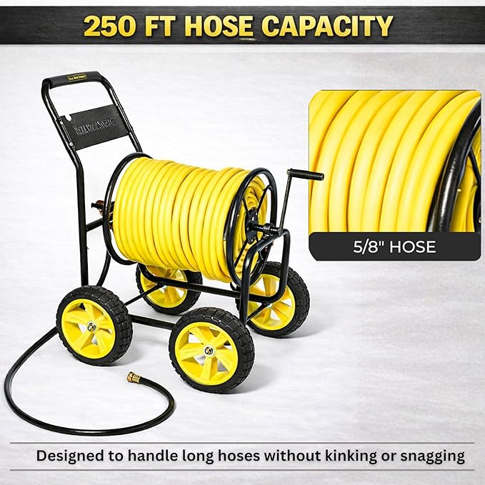 Garden Hose Reel Cart, Heavy Duty Hose Reel with Wheels, Outdoor Water Hose Reel for Backyard, Garden, or Lawn, Metal Hose Carts (250ft Hose Capacity)