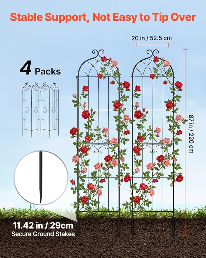 VEVOR 4 Packs Metal Garden Trellis for Climbing Plants Outdoor 87x21in, Rustproof Plant Tall Trellis for Rose Vine Flowers and Vegetables