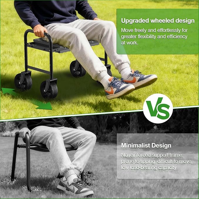 NIUXX Garden Kneeler and Seat with 360° Wheels: 3-in-1 Rolling Garden Stool with Extendable Legs - Foldable Garden Seat with Thick Pad & Tool Pouches - Heavy Duty Gardening Bench for Seniors