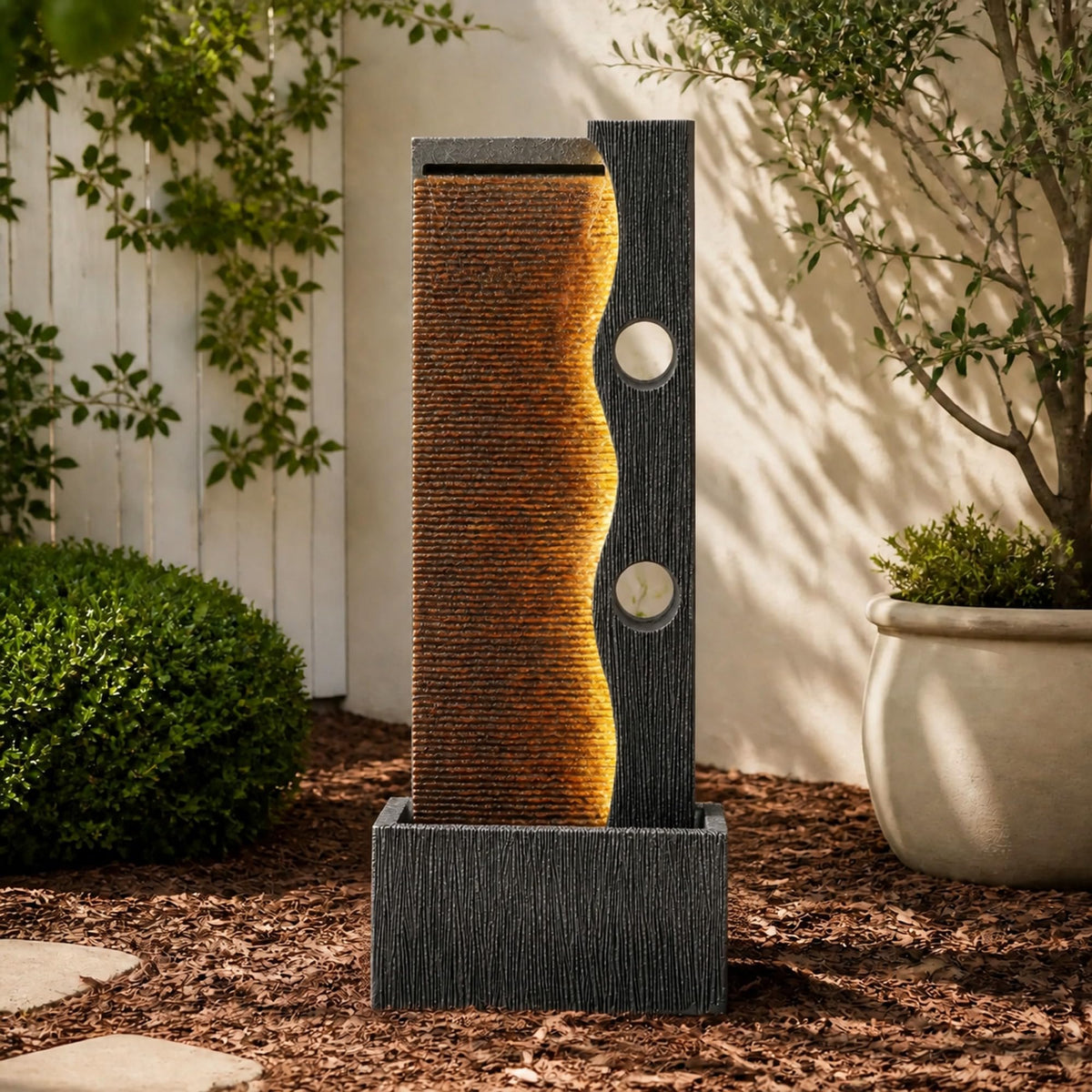 AUTODAYA 39" Modern Zen Outdoor Water Fountain LED Cascading Waterfall (Weathered Gray 39"h)