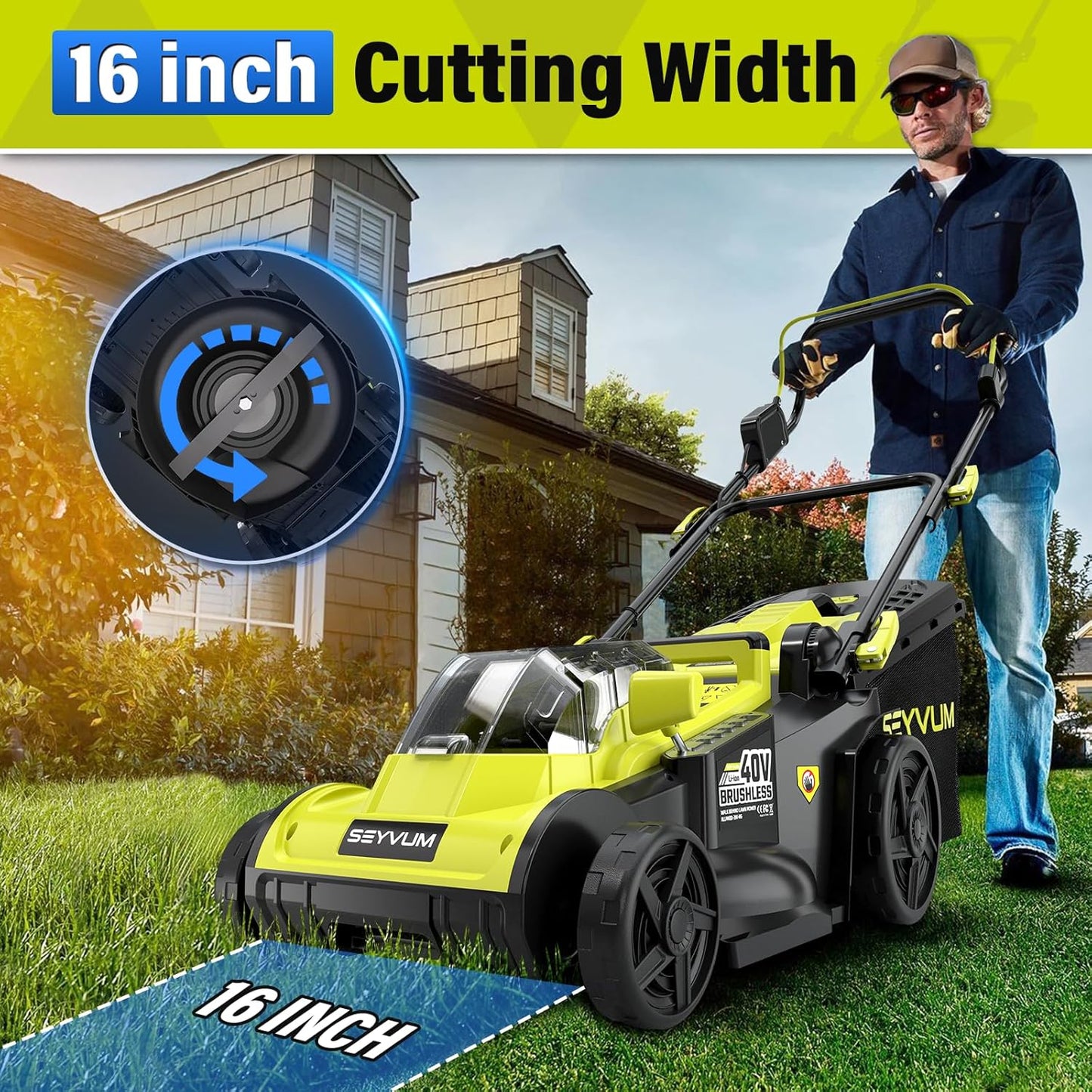SEYVUM 40V 16-inch Cordless Lawn Mower with 45L Grass Collection Bag, 6 Position Height Adjustment Electric Lawn Mower, 20V 4.0Ah Battery Powered Push Lawnmower, 2.4A Fast Charger Included