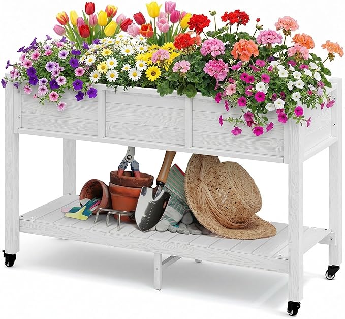 DWVO 47x18x3in Raised Garden Bed HDPE Outdoor with Legs and Lockable Wheels, Weather-Resistant Poly-Wood Elevated Planter Box, Double Tier Planters for Backyard Patio Balcony, White