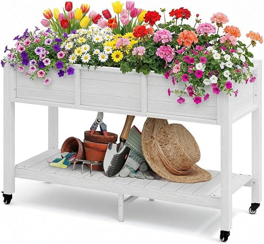 DWVO 47x18x3in Raised Garden Bed HDPE Outdoor with Legs and Lockable Wheels, Weather-Resistant Poly-Wood Elevated Planter Box, Double Tier Planters for Backyard Patio Balcony, White