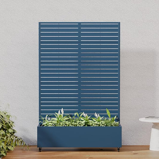 Casaphoria Metal Raised Garden Bed with Trellis and Wheels, 72"x47"x16" Planter Box for Climbing Plants, Vegetables & Vines, Features Drainage Holes and Privacy Screen, Blue-Louvered