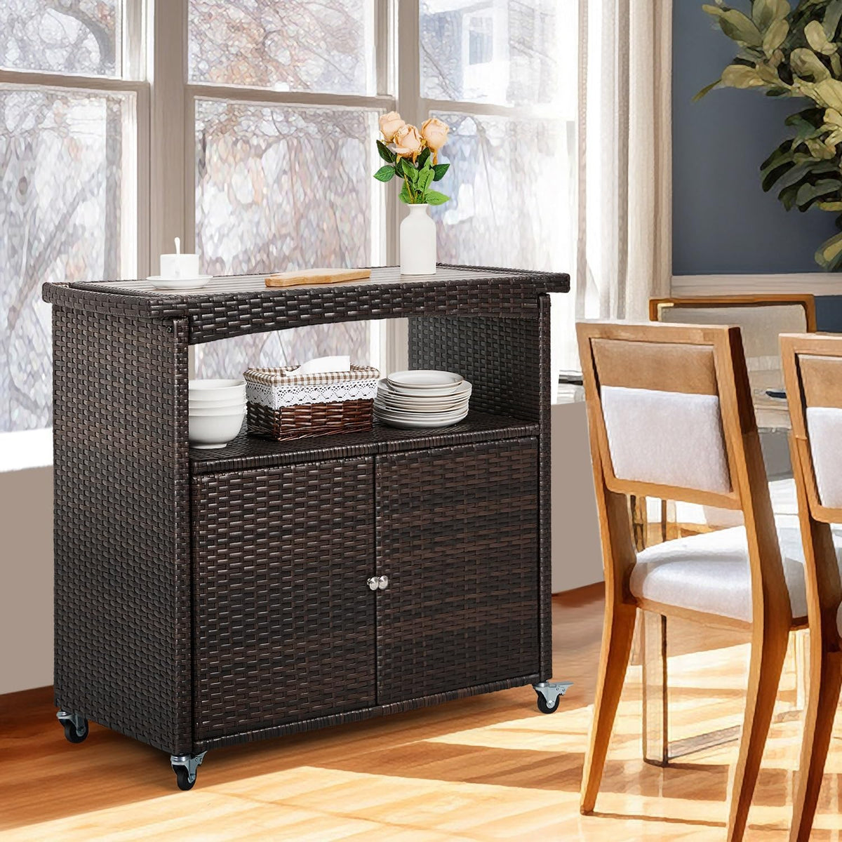 Outdoor Bar Cart with Storage Cabinet Patio Wicker Sideboard Buffet Cabinet Prep Table Outside Kitchen Serving Cart with Rolling Wheels & Handle Rattan Portable Bar Table with Shelves Doors Brown