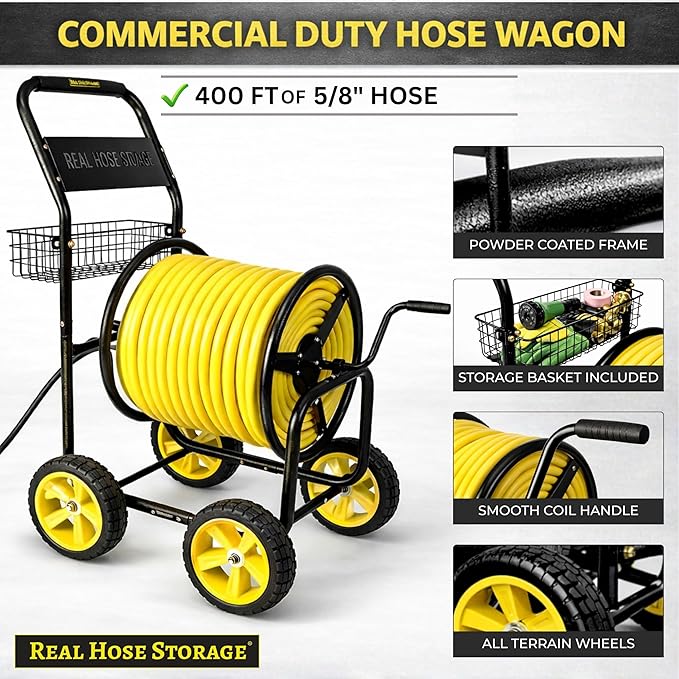 Heavy Duty Hose Reel Cart, Commercial Hose Reel with Wheels, Outdoor Water Hose Cart for Backyard, Farm & Ranch, or Contractor Use, Metal Hose Carts (4-Wheel, 400ft Capacity)