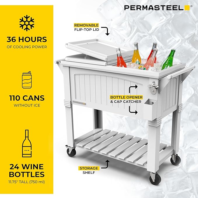Permasteel Party Cooler with Divider, Spacious 80-Qt Capacity, Chills 36hrs, Serving Tray, Rolling Ice Chest for Indoor and Outdoor Entertainment, Matte White