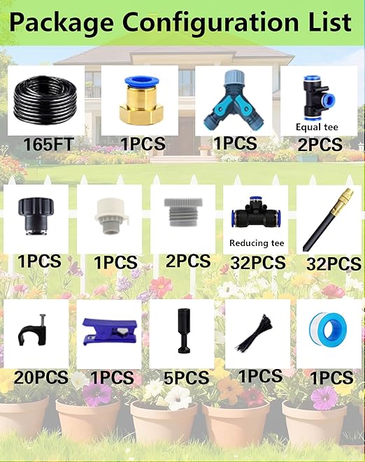 Drip Irrigation System - 360° Adjustable Micro Spray Sprinkler Kit for Garden, Easy Installation No Tools, Fine Mist Watering for Garden Potted Plants, Greenhouse (165 FT)