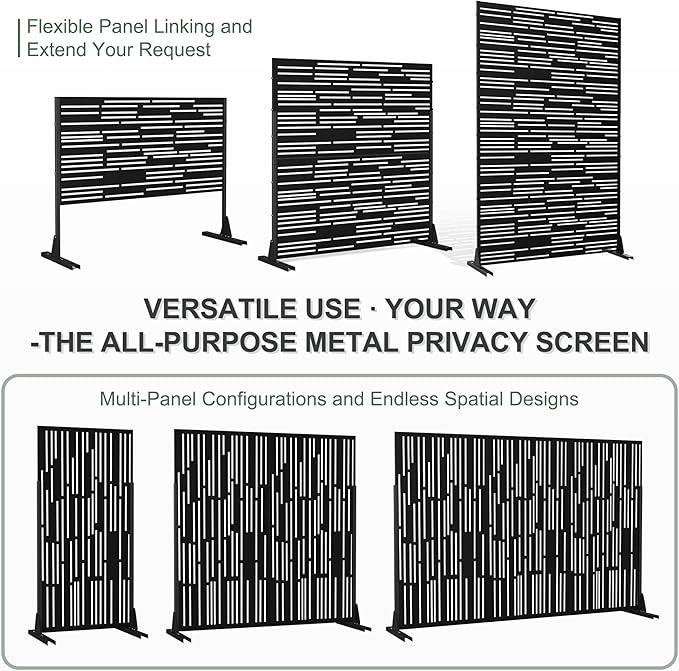 71" H×47" W Privacy Screen for Outdoor & Indoor Use, Freestanding Privacy Fences for Patio Deck Pool, Metal Privacy Screen Panels for Garden Decor (Black Shine, 3 Panels)