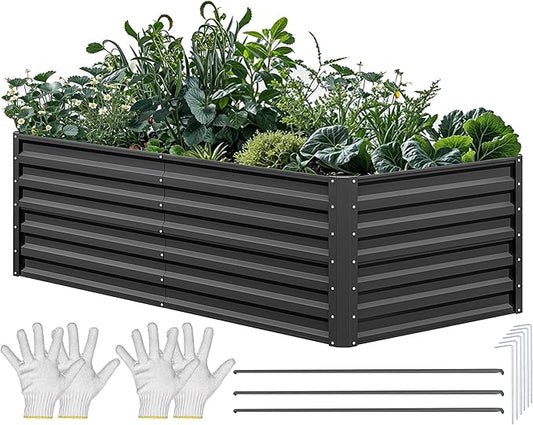 YITAHOME 6x3x2ft Outdoor Raised Garden Bed Kit, Large Metal Patio Planter Box with Gloves, Support Rod for Plants Vegetables Flowers, Black