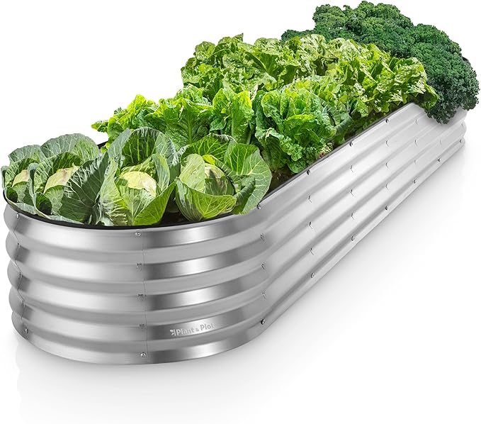 Plant & Plot Galvanized Raised Garden Beds Outdoor // 8×2×1 ft Planter Raised Beds for Gardening, Vegetables, Flowers // Large Metal Garden Box (Silver) // Patented Tool-Free Design