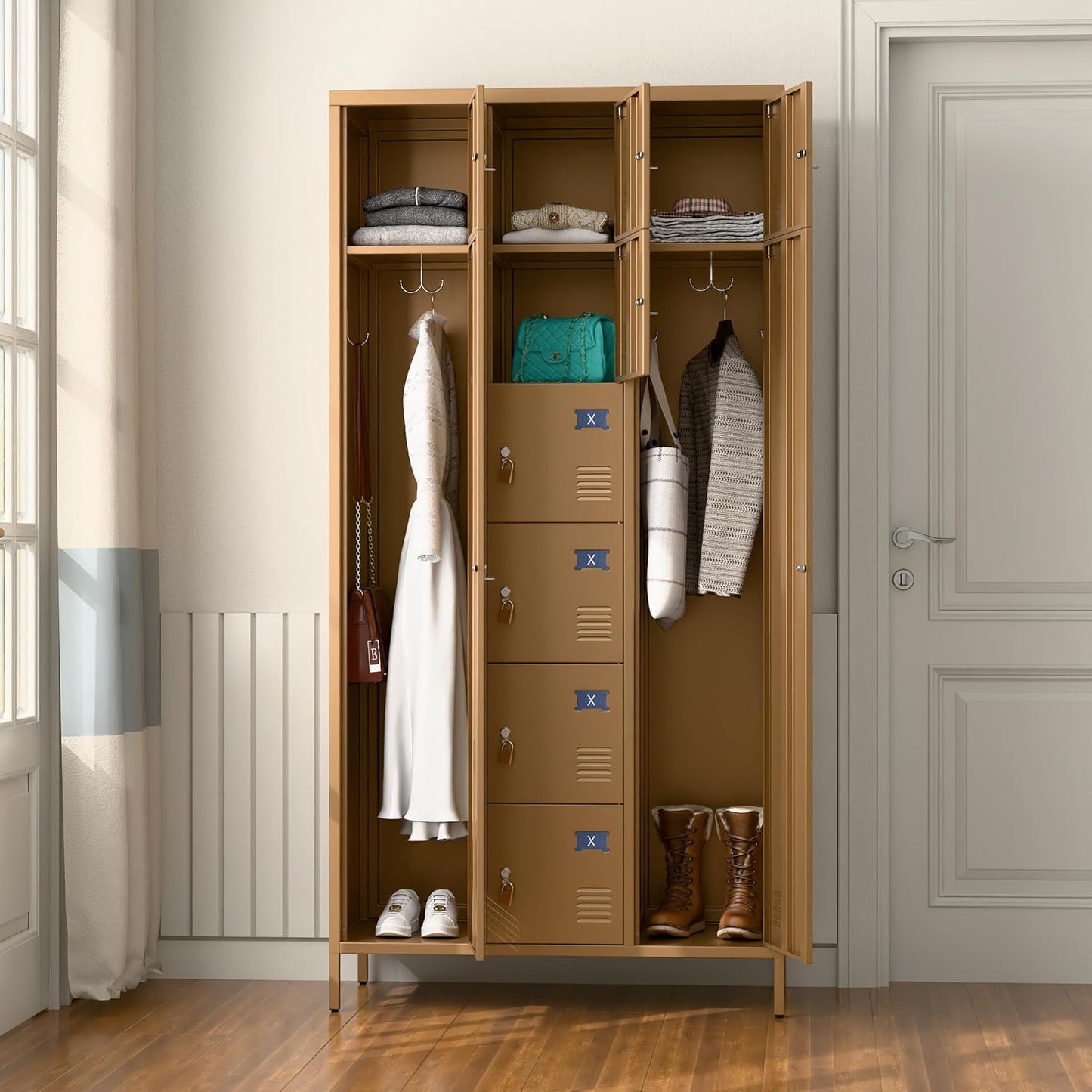72" H Metal Storage Lockers with Doors,Industrial Combination Employee Lockers with Hooks for Office,Home Gym,School,Assembly Required,8+2Doors,Coffee