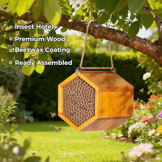 Mason Bee House - Handmade Natural Wooden Bee Hive Coated with Wax for Water-Proof and Long Service Life - Attracts Peaceful Bee Pollinators to Your Garden, Bee Houses for Garden