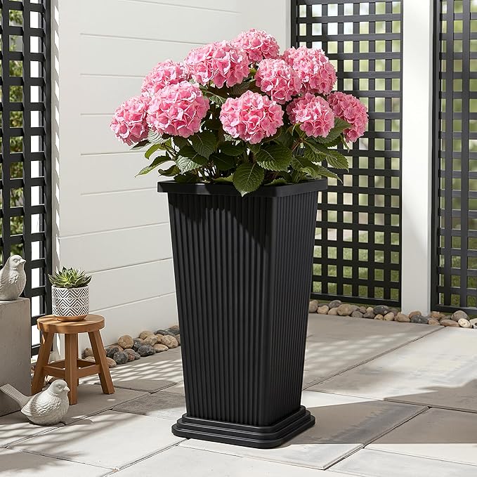 Tall Black Planters Outdoor Set of 2, Large Outdoor Tall Planters Pots with Tray, Modern Tapered Flower Planter for Front Porch, Patio, Garden (24", Ribbed)