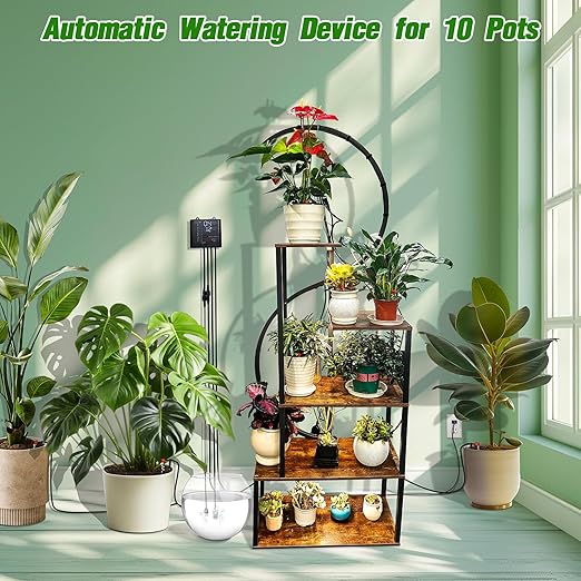 Automatic Watering System for Indoor Plants, DIY Drip Irrigation Kit with Timer for Potted Plants,Self Watering Device for Garden, Greenhouse & Vacation Plant Care (10 pots, Adjustable dripper)