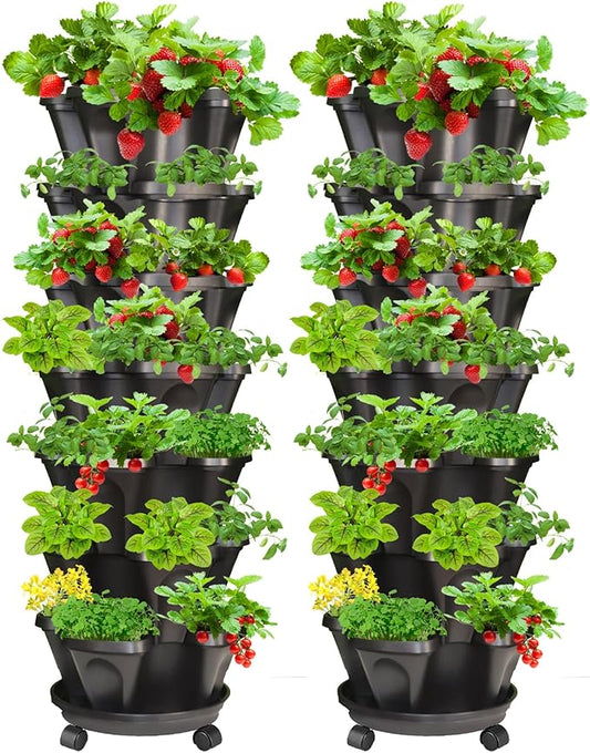 7 Tiered Strawberry Vertical Planter 2 Pack, Stackable Tower Garden Planter Herb Garden Planter with Movable Casters and Bottom Saucer Indoor and Outdoor - Black