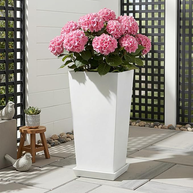 24" Tall White Planters for Outdoor Plants Set of 2, Large Flower Pots Planters with Drainage Holes & Tray, Modern Indoor Tapered Tall Planter for Front Porch