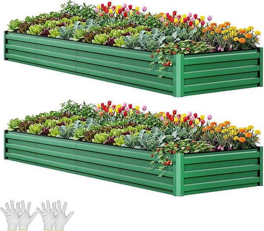 YITAHOME 12x4x1ft 2pcs Large Raised Garden Bed Kit, Galvanized Metal Planter Box with Gloves, Ground Nails, Support Rod, Outdoor Above Ground Planters for Plants Vegetables Flowers, Green