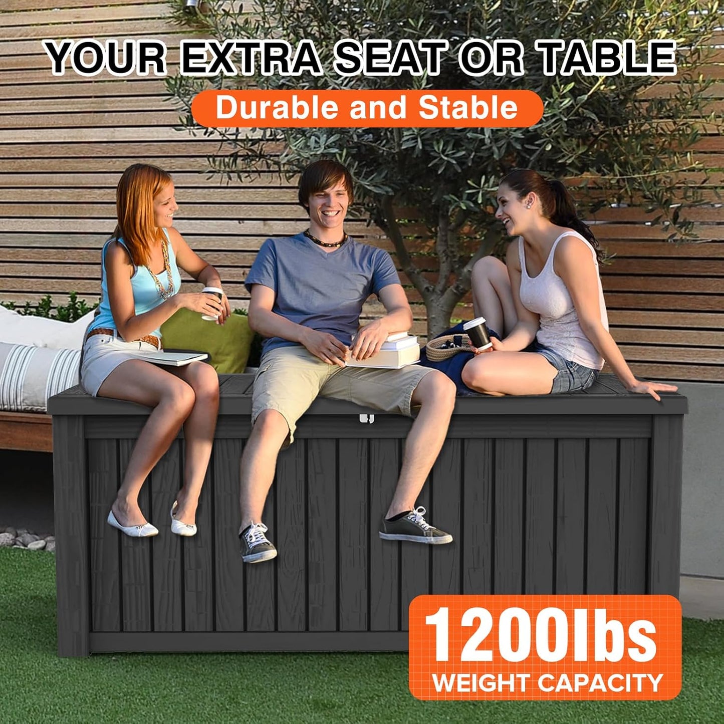180 Gallon Waterproof Large Resin Deck Box Indoor/Outdoor Lockable Storage Container and Seating for Garden, Pool, and Patio (180 Gallon, Black)