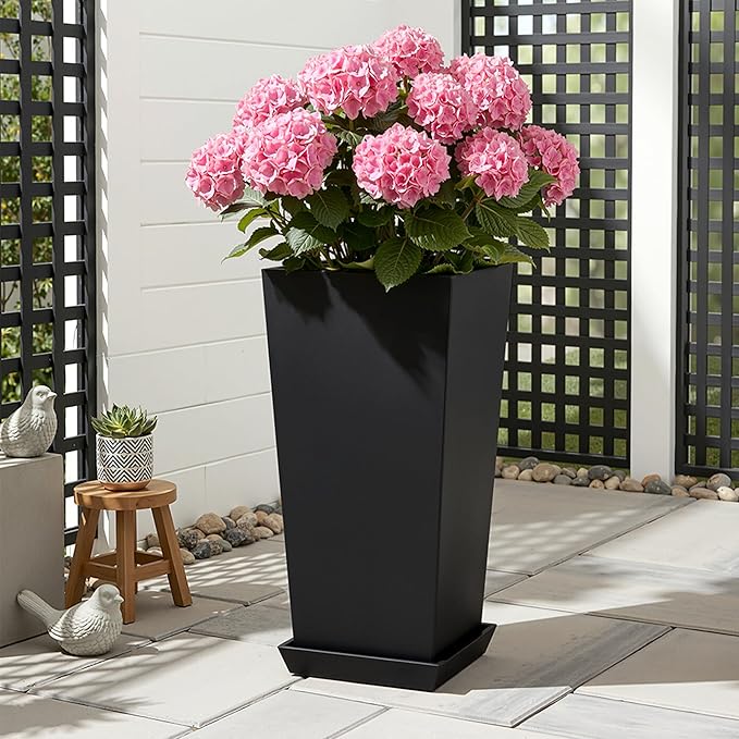 24" Set of 2 Tall Black Planters for Outdoor Plants, Large Flower Pots Planters with Drainage Holes & Tray, Modern Indoor Tapered Planter for Front Porch