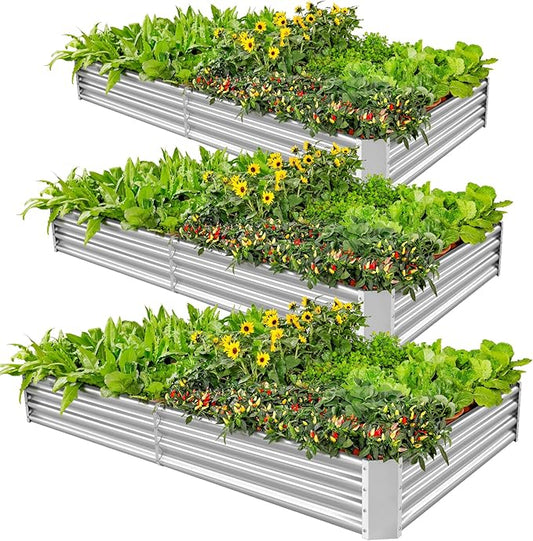 Land Guard 3 Pack 8×4×1ft Galvanized Metal Raised Garden Bed, Metal Planter Kit Box Outdoor for Deep-Rooted Vegetables, Flowers, Green and Herbs, Silver