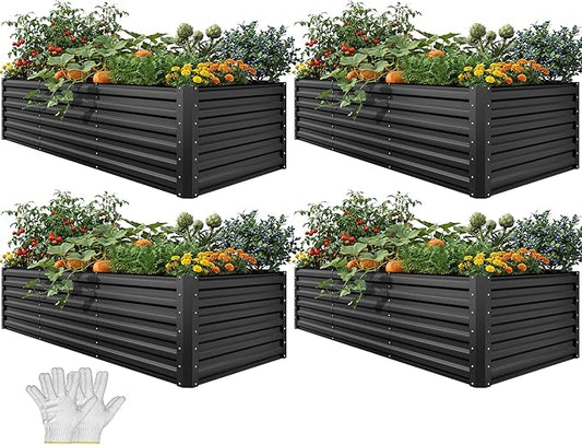 YITAHOME 8x4x2 ft 4pcs Galvanized Raised Garden Bed Kit, Large Metal Planter Box with Gloves, Safety Rubber & Support Rod, Outdoor Flower Bed for Plants Vegetables, Black