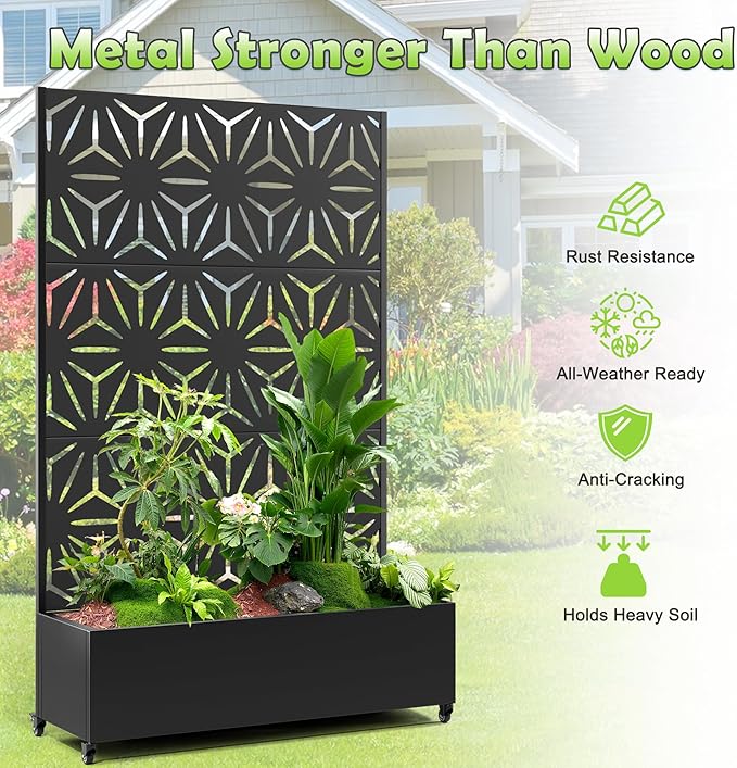 15.7"×70.9"×47.2" Metal Raised Garden Bed with Trellis and Wheels - Tall Trellis Planter Box for Climbing Plants, Vegetables & Vines - Outdoor Privacy Planters for Patio (Black-Star)