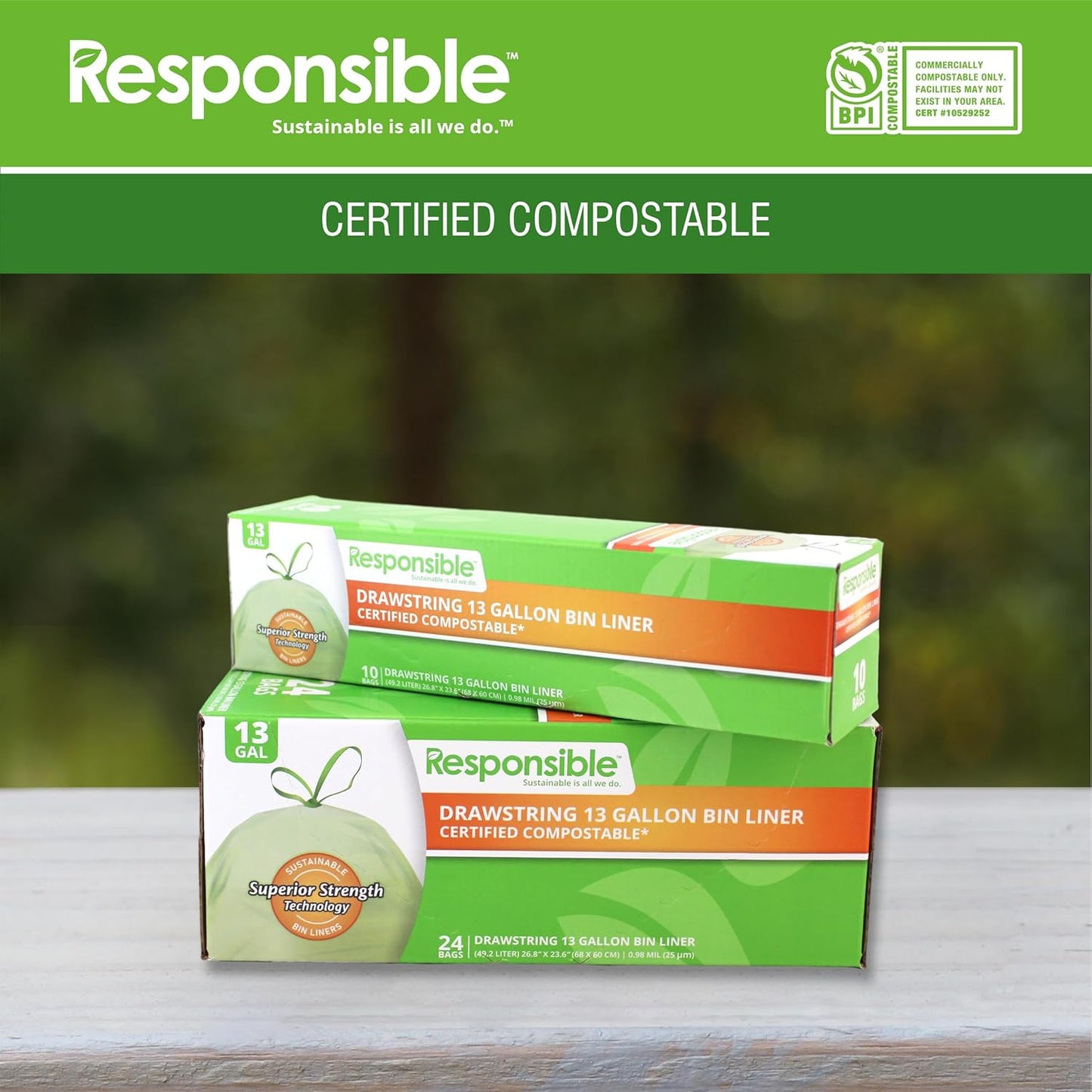 Kitchen Bin Liners, Certified Compostable, Heavy Duty Multipurpose Food Scrap Bags, Made from Compostable Materials (13 Gallon Drawstring, 13 Gallon (10 Count))