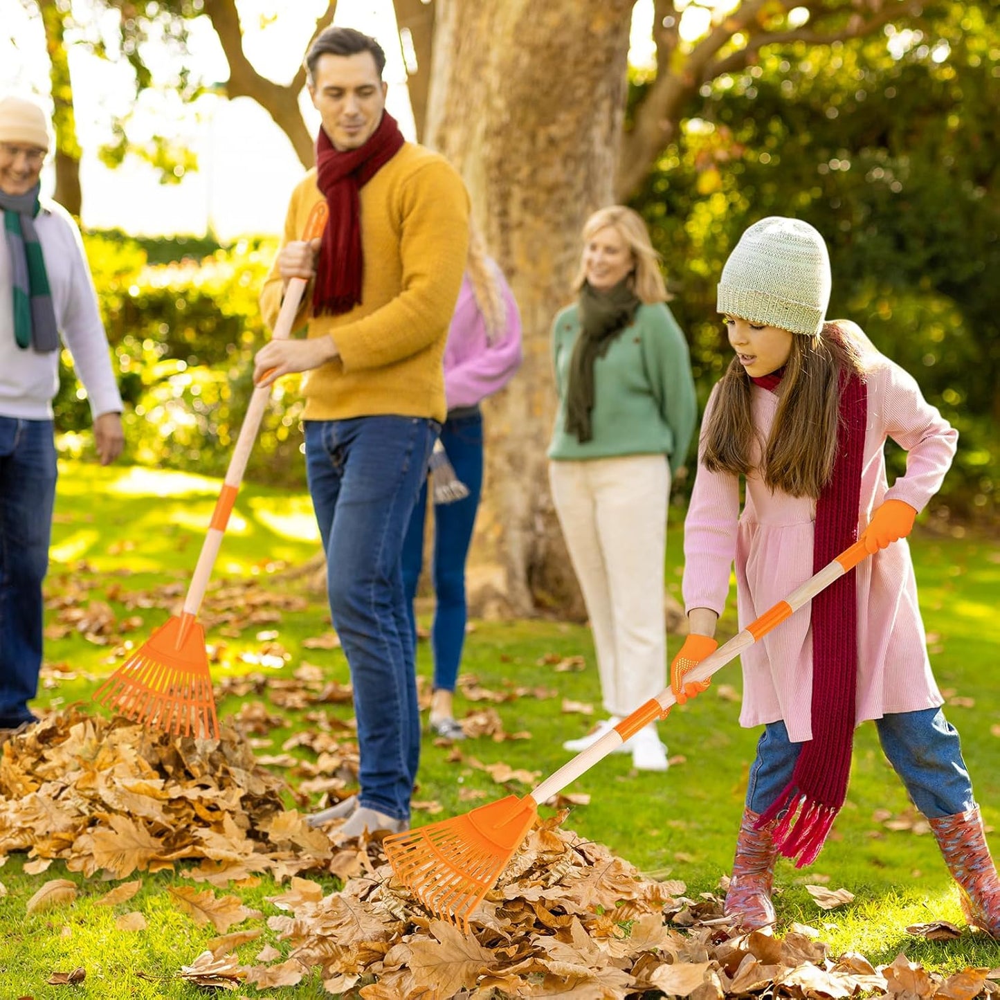 4 Pcs 35'' Kids Rakes for Leaves - Plastic Rake Head with 4 Pairs Kids Gloves, Small Kids Lawn Rakes Detachable Wooden Handle, Autumn Garden Tool Set for Kids Boys and Girls, Orange, 3yr+