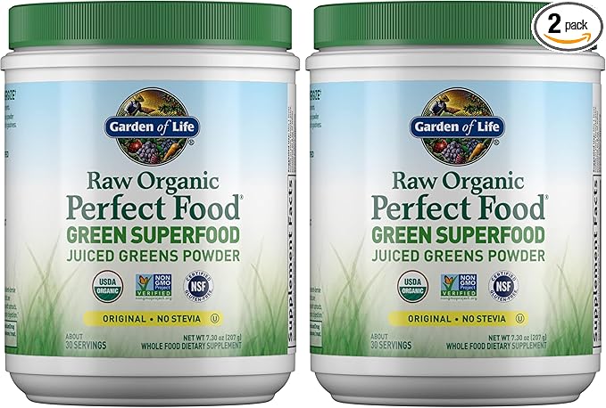 Garden of Life Raw Organic Perfect Food Green Superfood Juiced Greens Powder - Original Stevia-Free,30 Servings,Non-GMO,Gluten Free Whole Food Dietary Supplement,Alkalize,Detoxify,Energize,(Pack of 2)