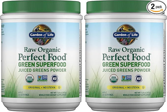 Garden of Life Raw Organic Perfect Food Green Superfood Juiced Greens Powder - Original Stevia-Free,30 Servings,Non-GMO,Gluten Free Whole Food Dietary Supplement,Alkalize,Detoxify,Energize,(Pack of 2)