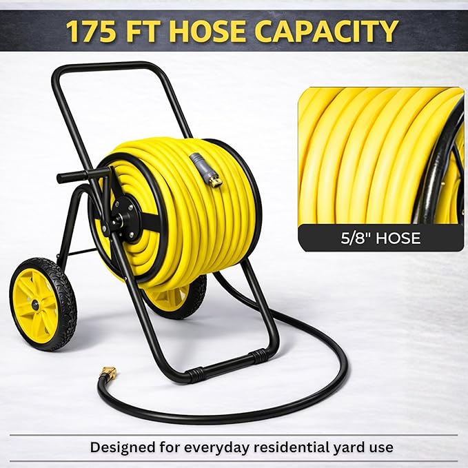 Garden 2-Wheel Hose Reel Cart, Residential Duty Hose Reel with Wheels, Outdoor Water Hose Reel for Backyard, Garden, or Lawn, Metal Hose Carts (175ft Hose Capacity)