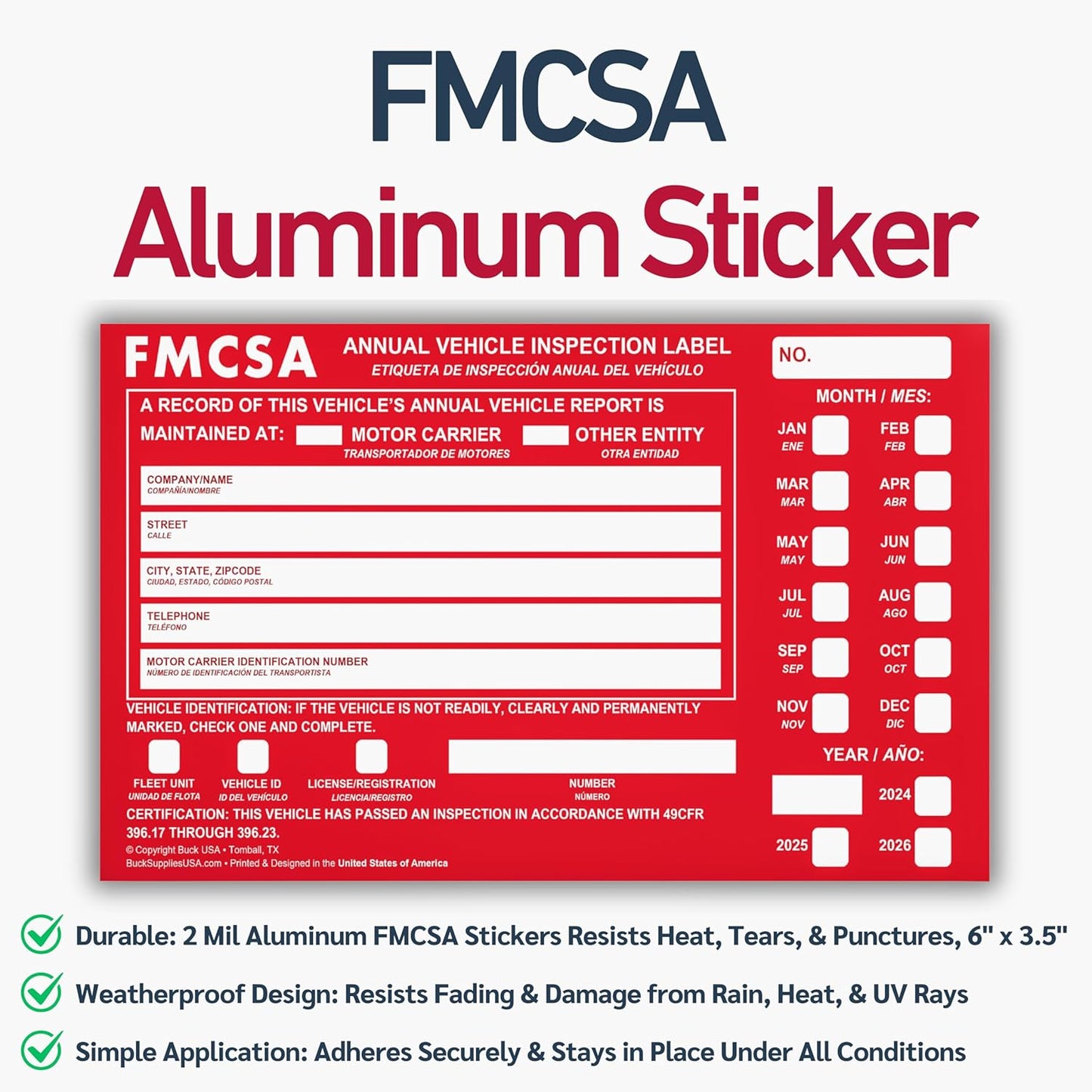10 Pack Buck Aluminum Annual Vehicle Inspection Label with Punch Boxes, 2 Mil Red FMCSA Self Adhesive Sticker, DOT Compliant, Weatherproof, Tear Resistant, Easy to Write On, 6" x 3.5" - Made in USA